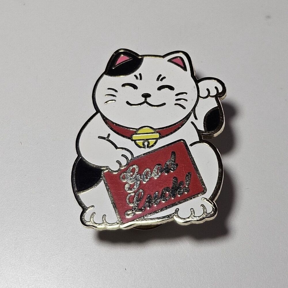Real Sic Gold Tone White And Black Enamel Good Luck Cat Pin